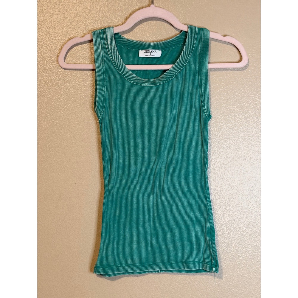 Zenana Women's Ribbed Tank Top Teal Green Mineral Wash Scoop Neck Small
